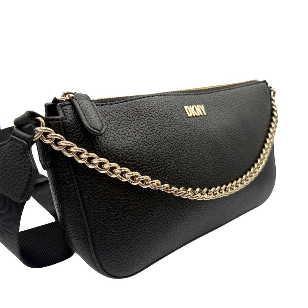 DKNY Crossbody Bag Womens Small Black Excellent Pebbled Gold Chain Logo Strap - Picture 3 of 6